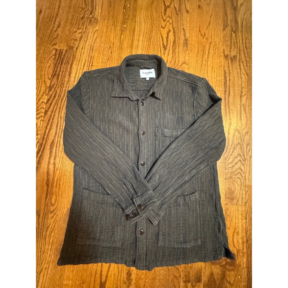 Corridor NYC Mens Textured Waffle Weave Overshirt Jacket Olive Navy Blue Large